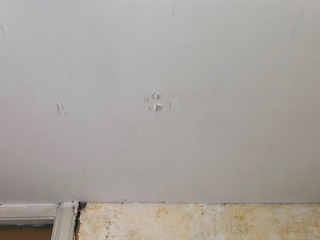 Loslatende en gescheurde plafondafwerking vóór reparatie